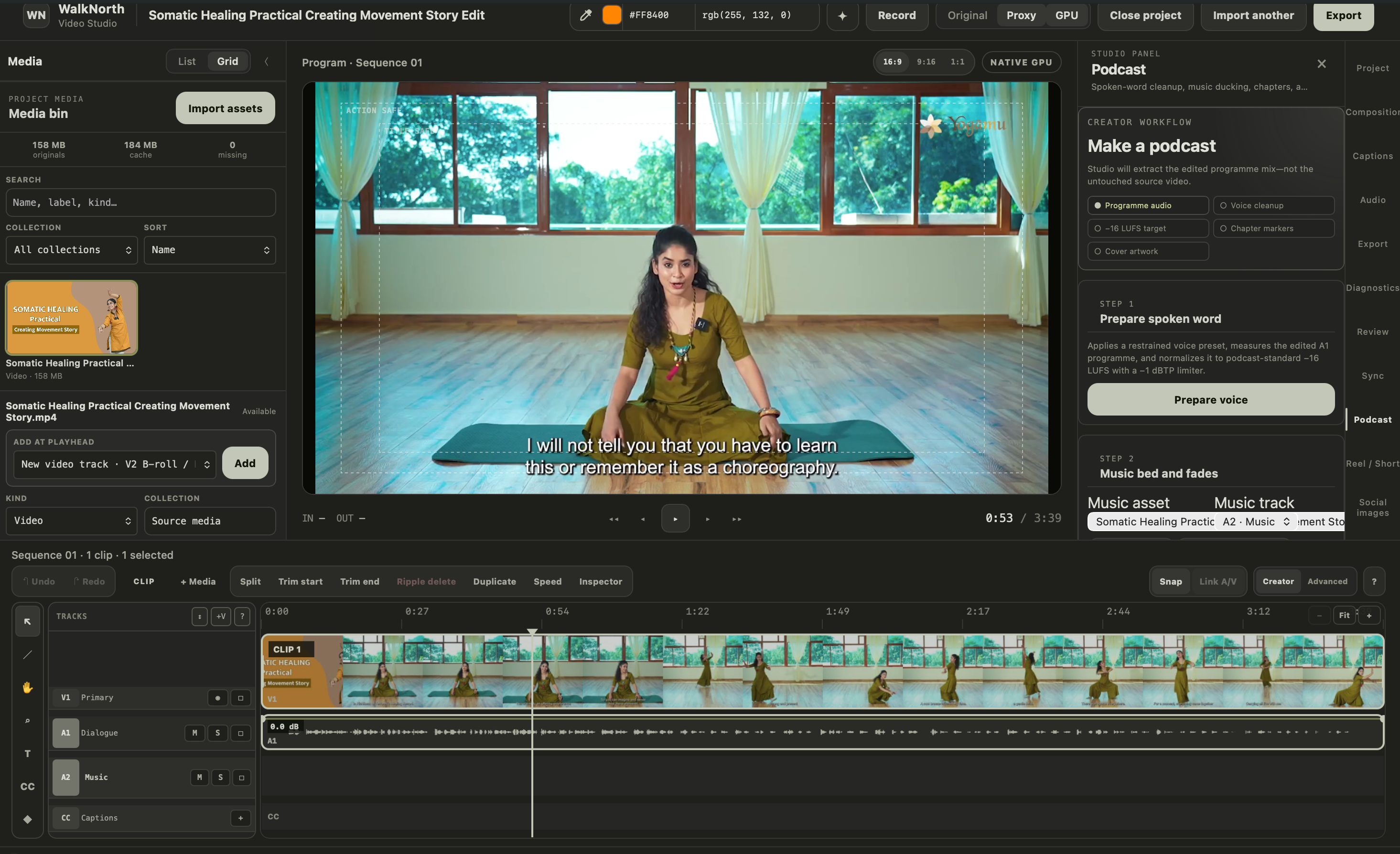 WalkNorth Studio editing workspace: media bin, program viewer, podcast panel, and creator timeline