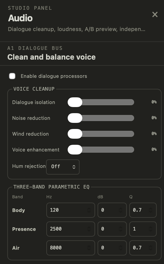 Audio panel: A1 dialogue bus with voice cleanup sliders and three-band parametric EQ