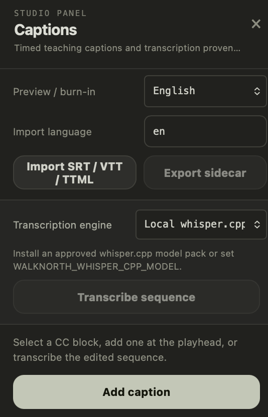 Captions panel: preview language, SRT/VTT/TTML import and export, local whisper.cpp transcription engine, add caption