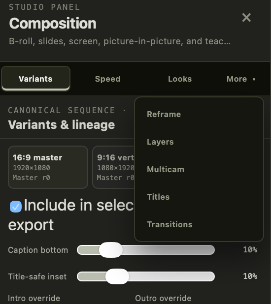 Composition panel with variants, speed, looks, reframe, layers, multicam, titles, and transitions