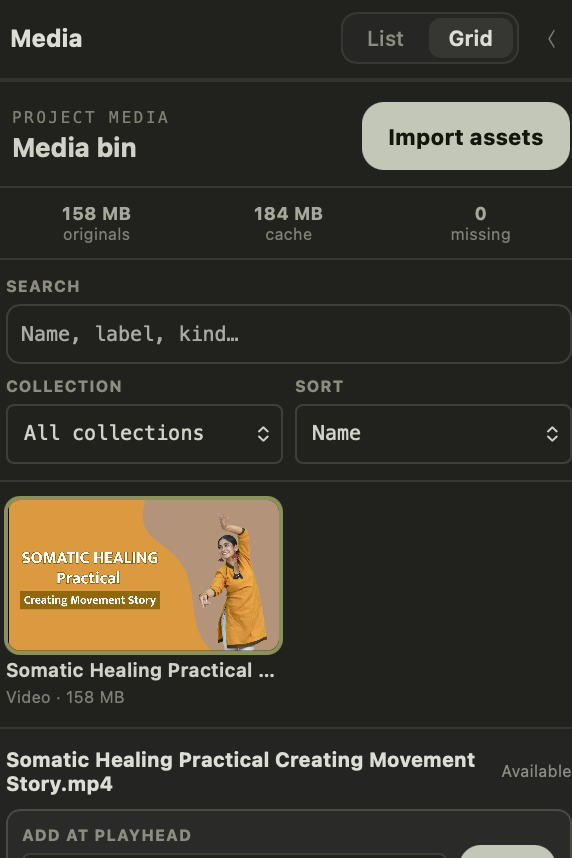 Media bin: import assets, storage totals, search, collections, sort, and asset cards