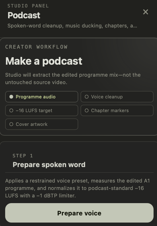 Podcast panel: make a podcast from the edited programme mix, prepare spoken word