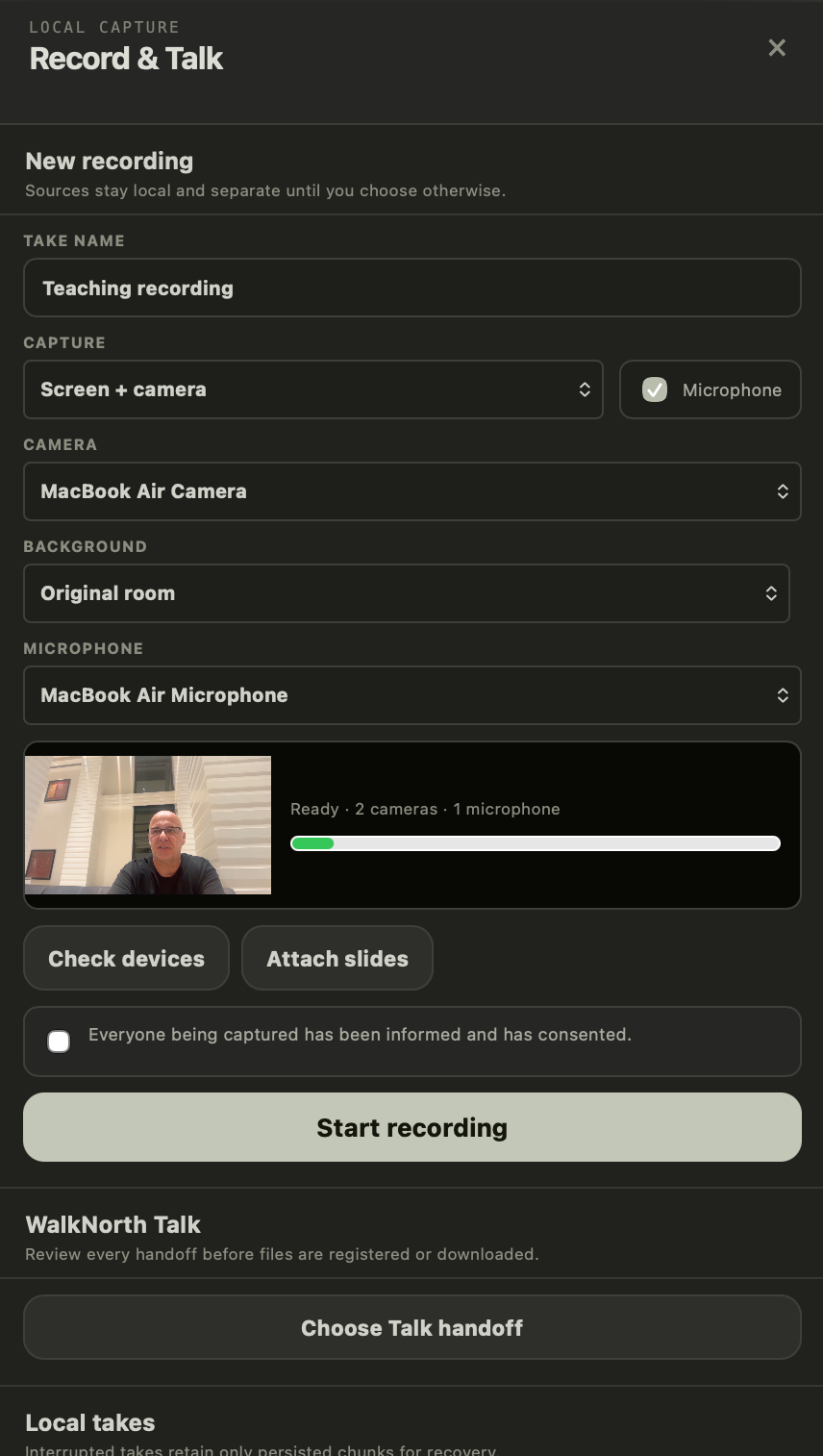 Record & Talk panel with capture, camera, background, and microphone controls